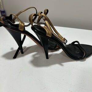 Rebecca Minkoff Black and Gold Strappy Stiletto Sandals